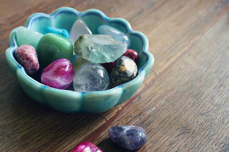 Photo of bowl of rock crystals.